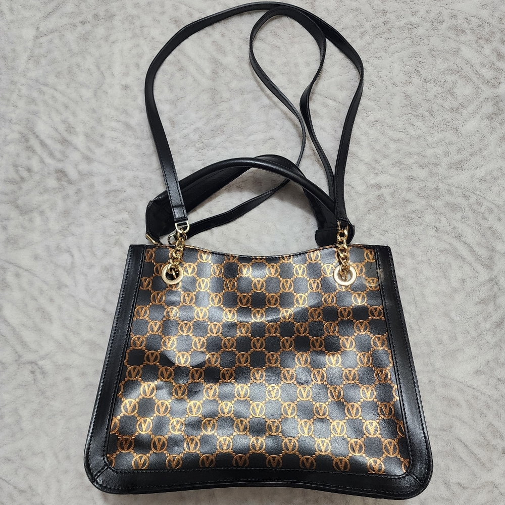 Mario Valentino Shoulder Bag Black Metallic Embossed Momogram Logo NWT - Picture 2 of 15